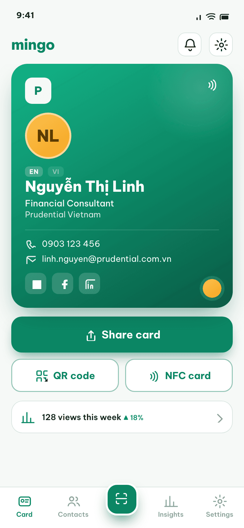 Mingo app, My Card screen showing a live digital business card