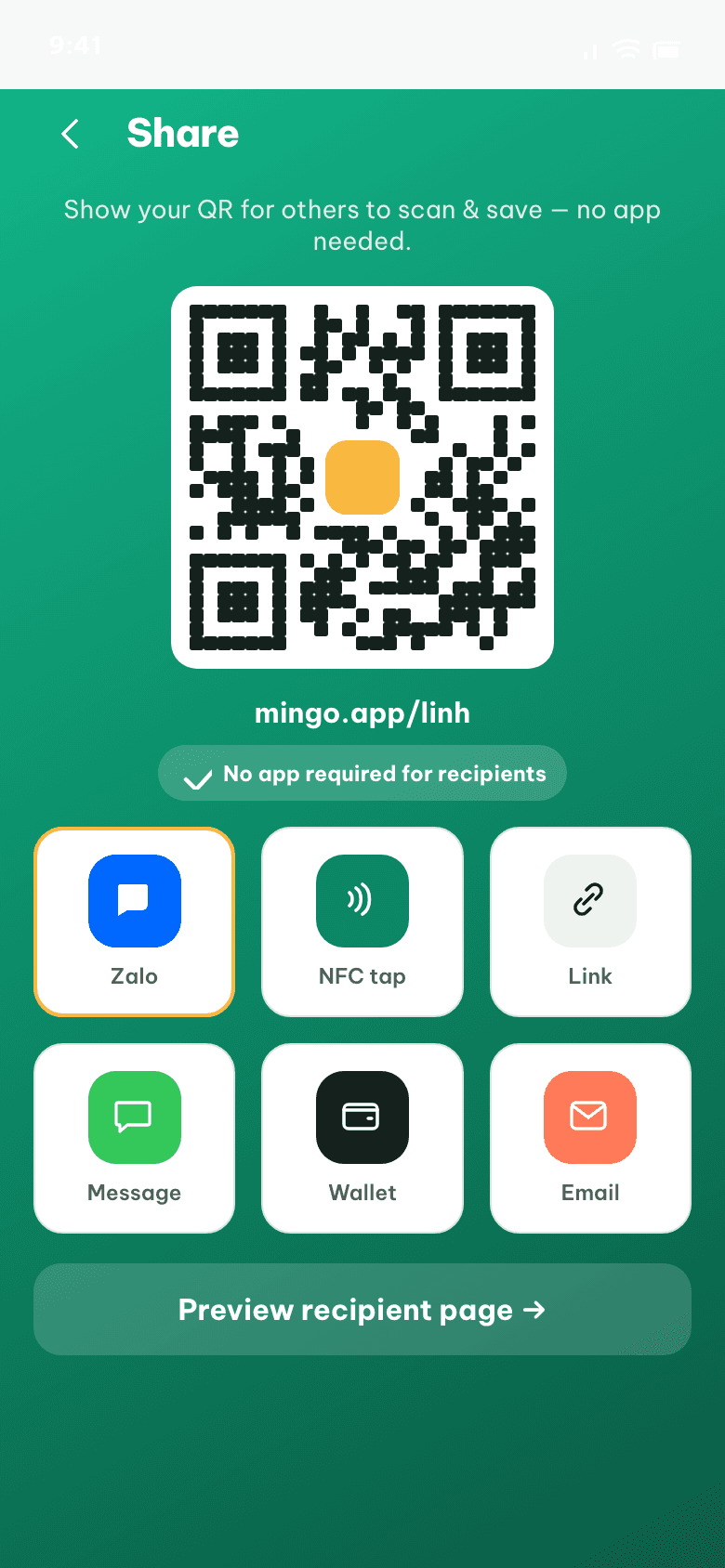 Mingo app, share screen with QR code for one-tap exchange