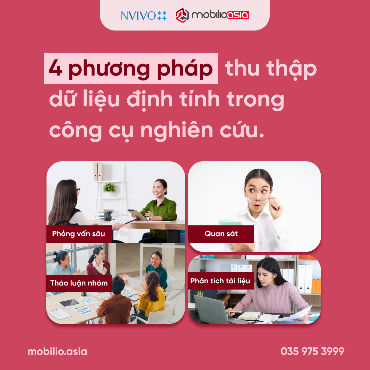 Các phương pháp thu thập dữ liệu trong nghiên cứu định tính: phỏng vấn sâu, thảo luận nhóm, quan sát và phân tích tài liệu.
