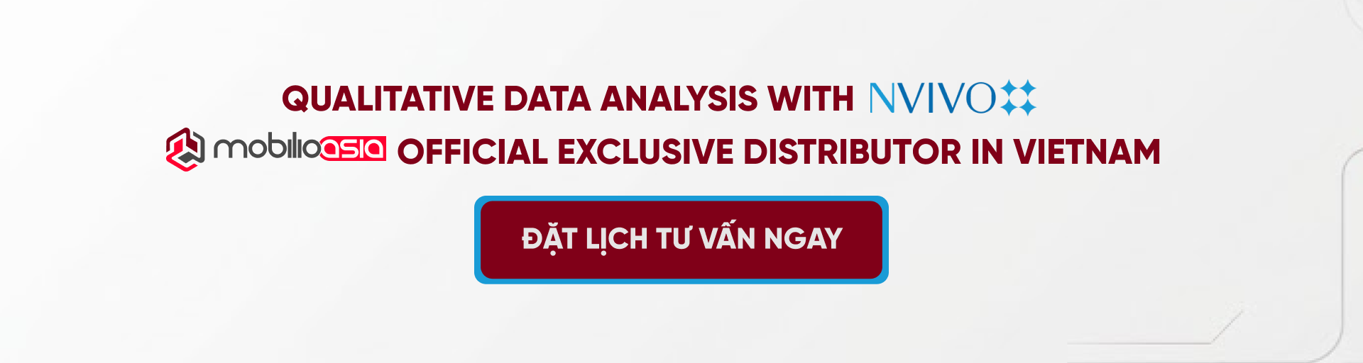 Banner promoting NVivo for qualitative analysis with Mobilio Asia branding and a “Book a consultation” call-to-action.