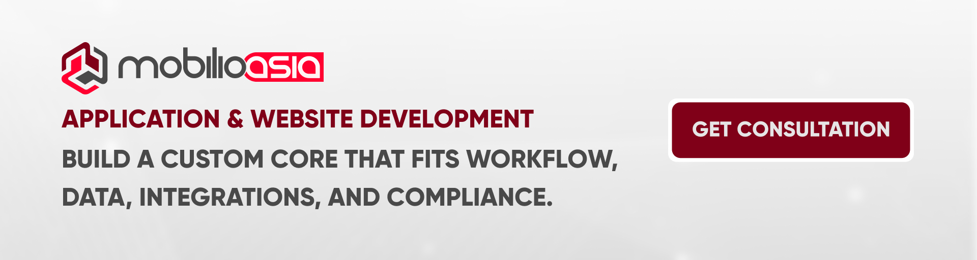 MobilioAsia call-to-action banner: “Application & Website Development” with “Get Consultation” button.