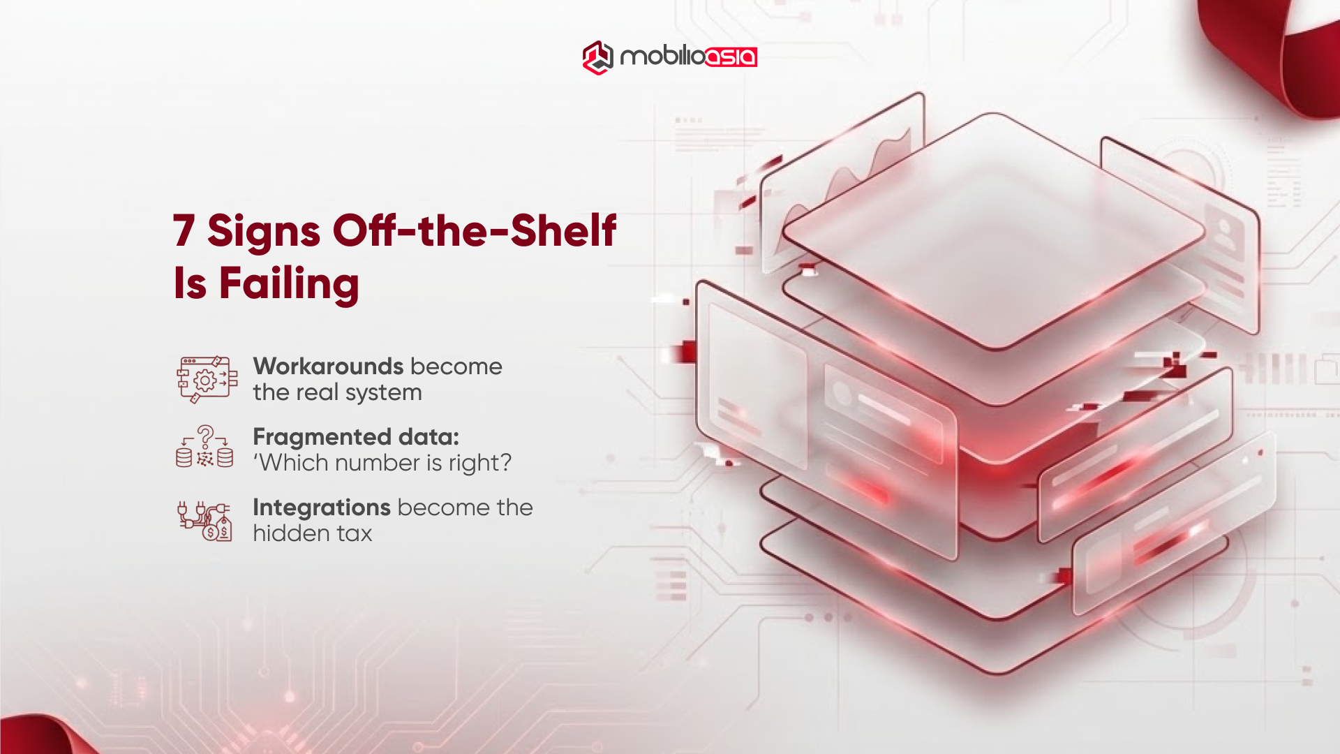 “7 Signs Off-the-Shelf Is Failing” with three points: workarounds, fragmented data, and integrations as hidden tax.
