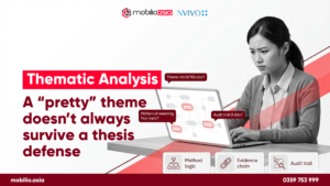 “A ‘nice-looking’ theme doesn’t always survive a defense,” graduate student working on a laptop with prompts about RQ, pattern of meaning, and audit trail (MobilioAsia x NVivo)