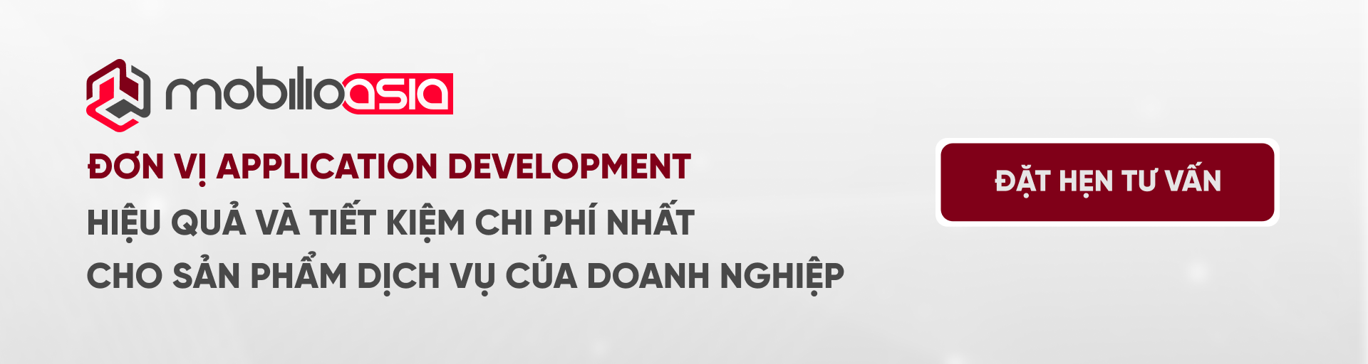 Banner CTA Application Development Outsource: đơn vị application development tối ưu chi phí cho doanh nghiệp, nút “Đặt hẹn tư vấn”.