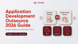 Thumbnail Application Development Outsource 2026: so sánh project-based vs dedicated team, nhấn mạnh cadence, SLA, QA gates.