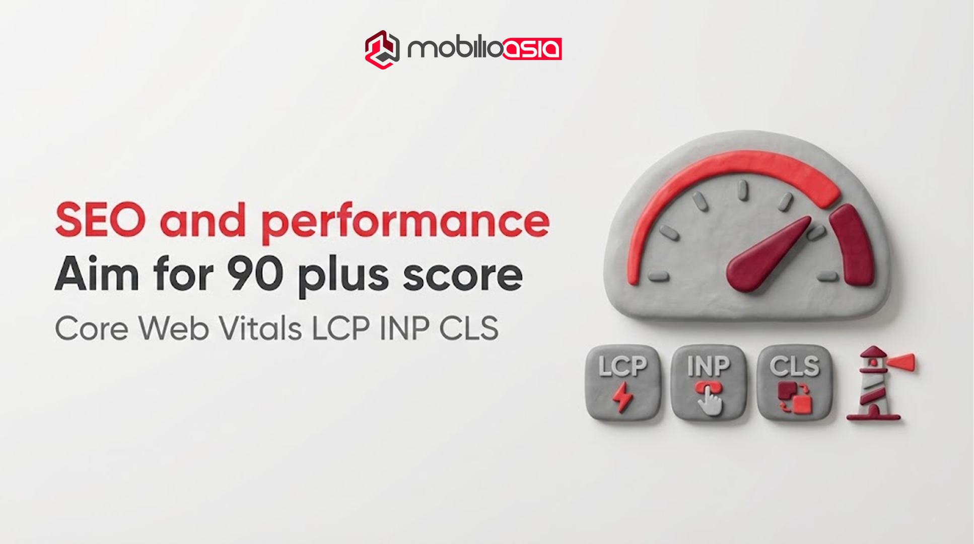Website vs web application SEO and performance banner showing 90 plus score goal with Core Web Vitals LCP INP CLS and a performance gauge