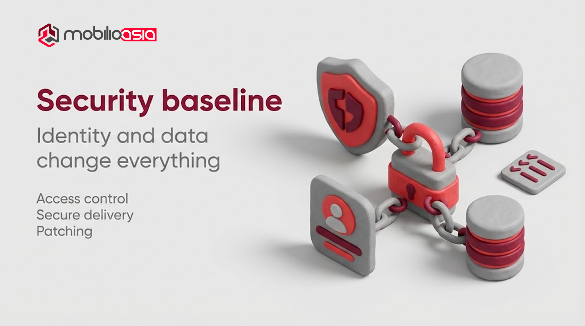 Website vs web application security baseline banner with shield lock and connected identity and data icons emphasizing access control secure delivery and patching