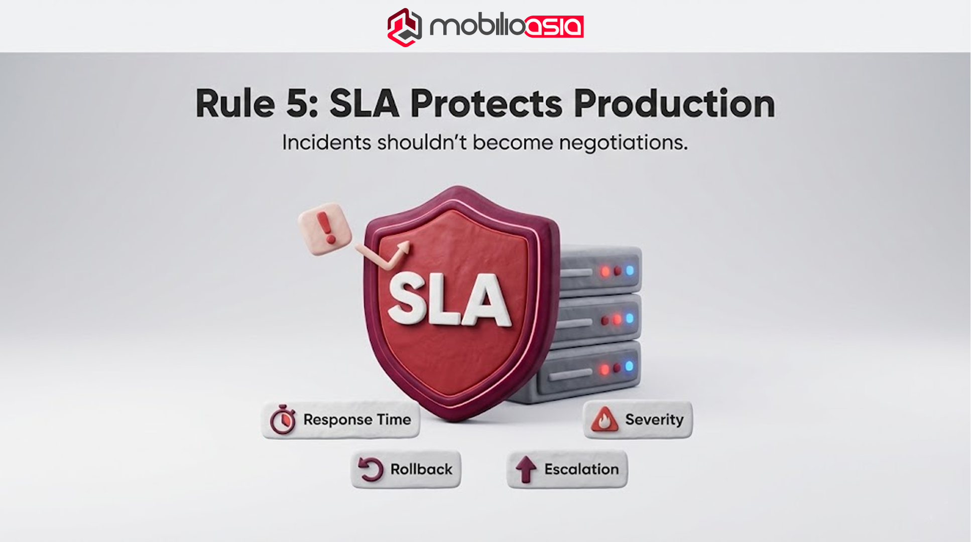 SLA shield protecting production servers with response time, severity, rollback, and escalation controls for website vs web application.