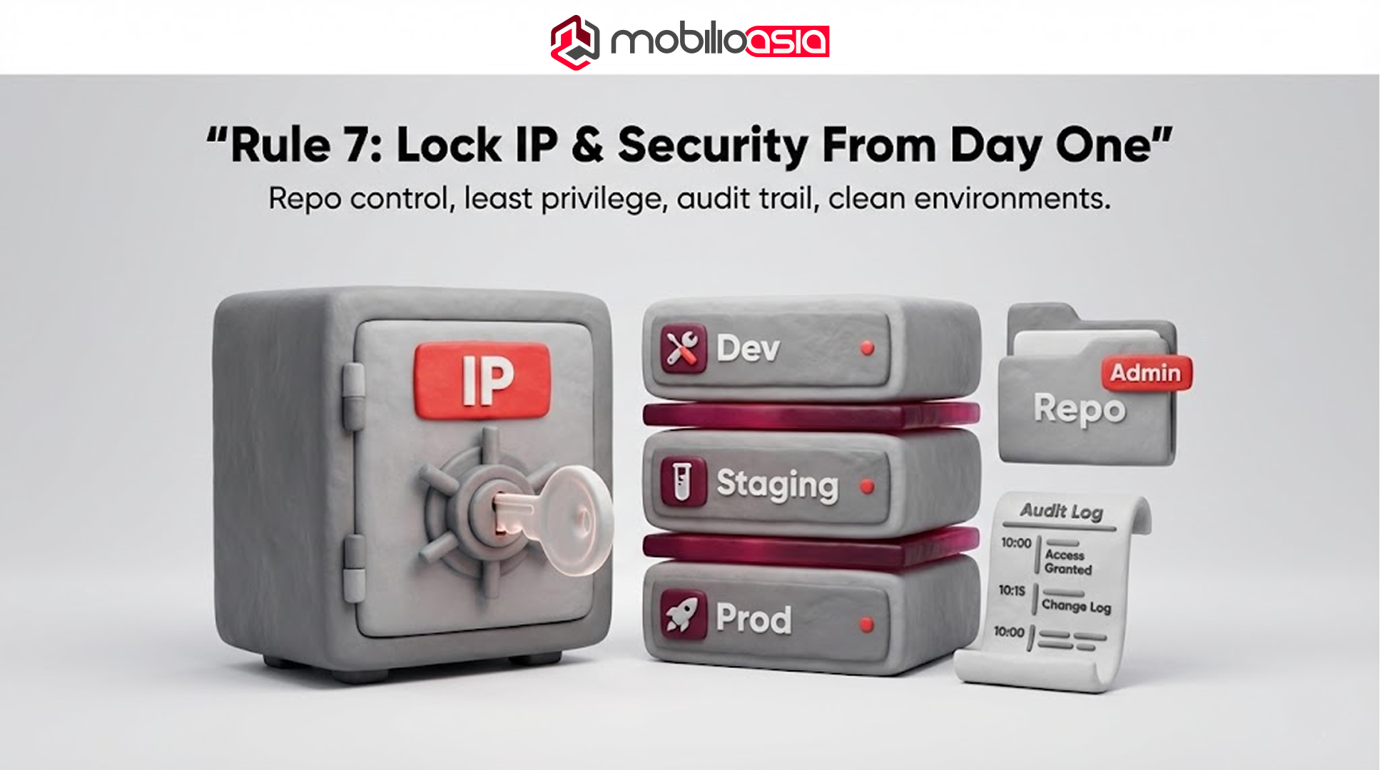 IP vault, Dev/Staging/Prod stack, repo admin badge, and audit log showing security controls for website vs web application outsourcing.