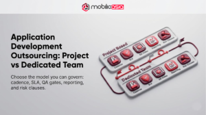 Clay-style 3D comparison of project-based outsourcing vs a dedicated team, helping choose the right model for website vs web application delivery.