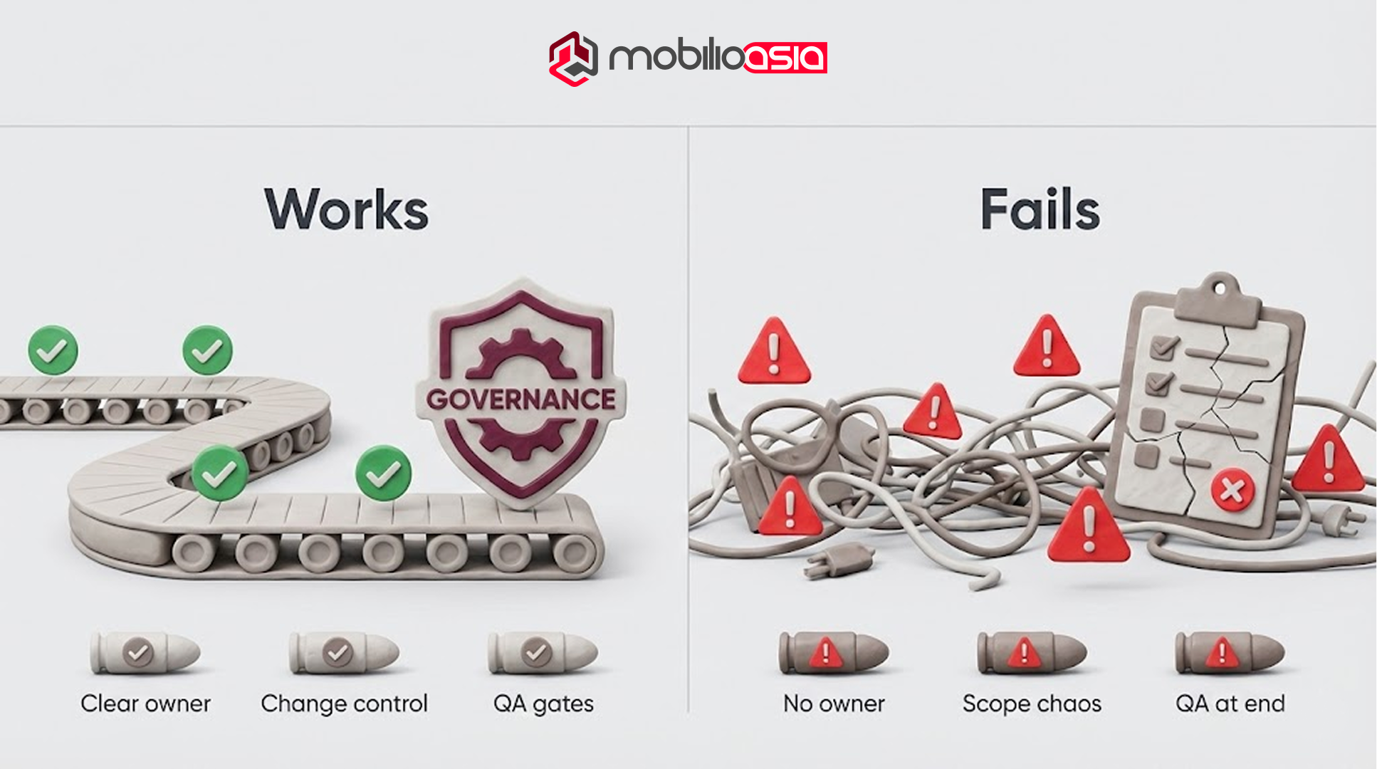 Outsourcing works vs fails: clear owner, change control, and QA gates—key signals when deciding website vs web application.