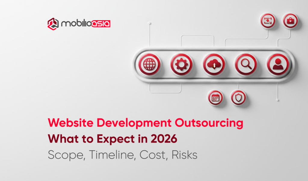 Cover image for website development outsourcing in 2026 highlighting scope, timeline, cost, and risks.