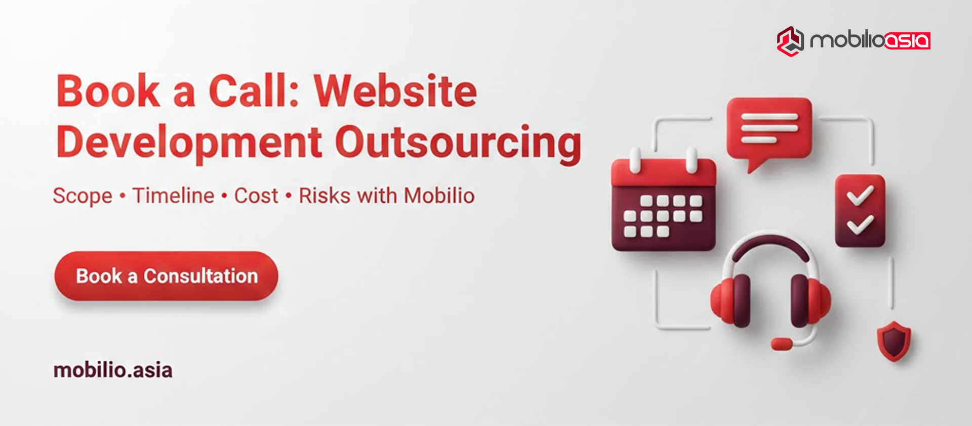 Call-to-action banner for website development outsourcing consultation with “Book a Consultation” button and support icons.